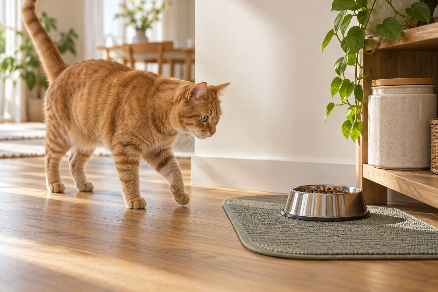 Illustrated cat approaching a plain food bowl in a calm home