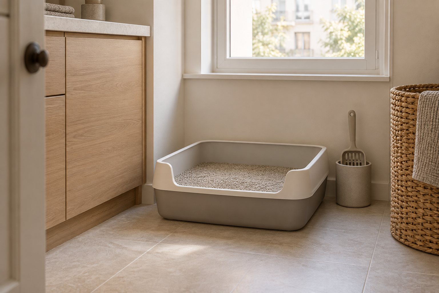 Generated illustration of a generic litter tray in a quiet utility area