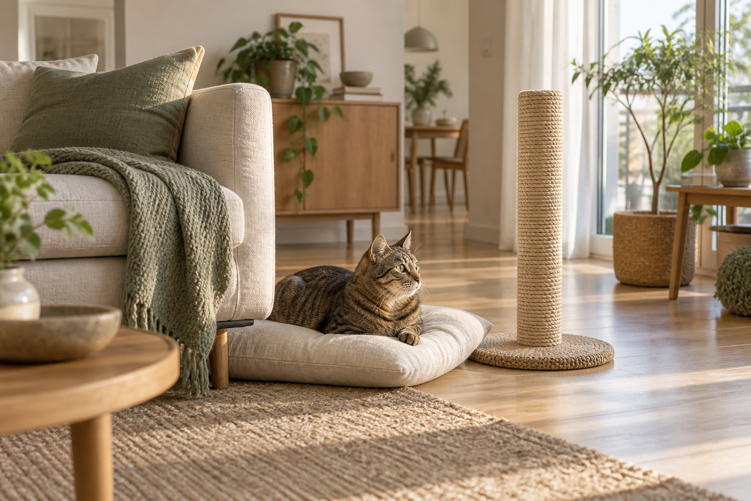 Illustrated calm resting corner with a cat and generic scratching post
