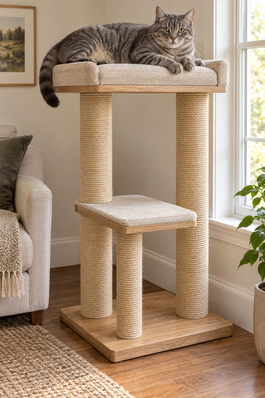AI-generated illustration of a large gray cat on a compact cat tree with clearly visible sisal scratching posts; not a tested commercial model.