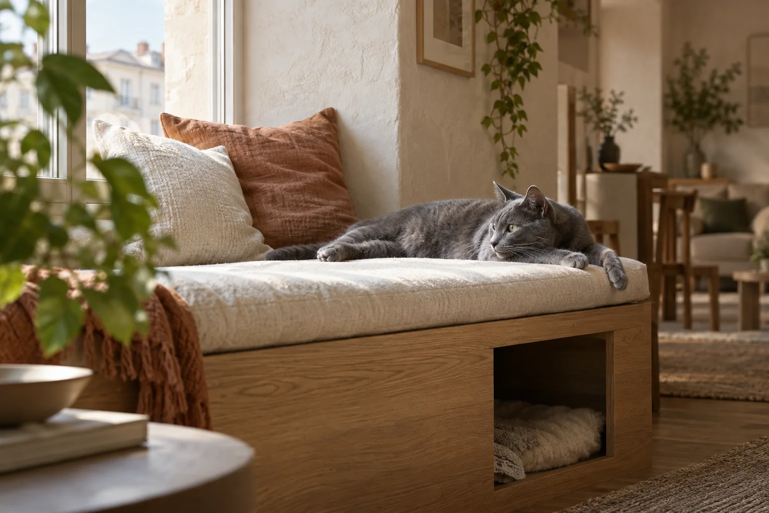A grey cat stretches out on a linen window seat above an oak hideaway.