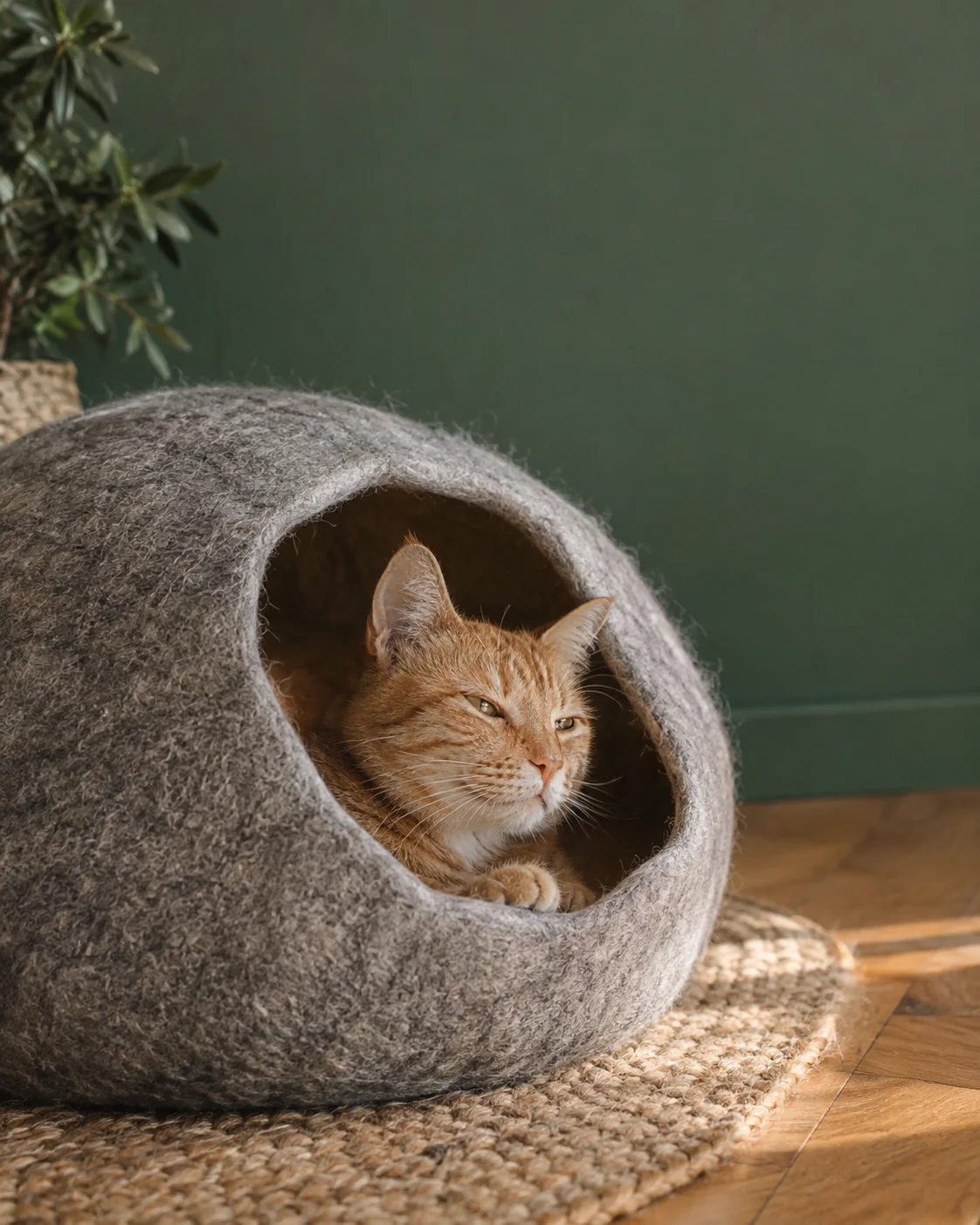 A ginger cat looks out of a rounded grey felt cave.