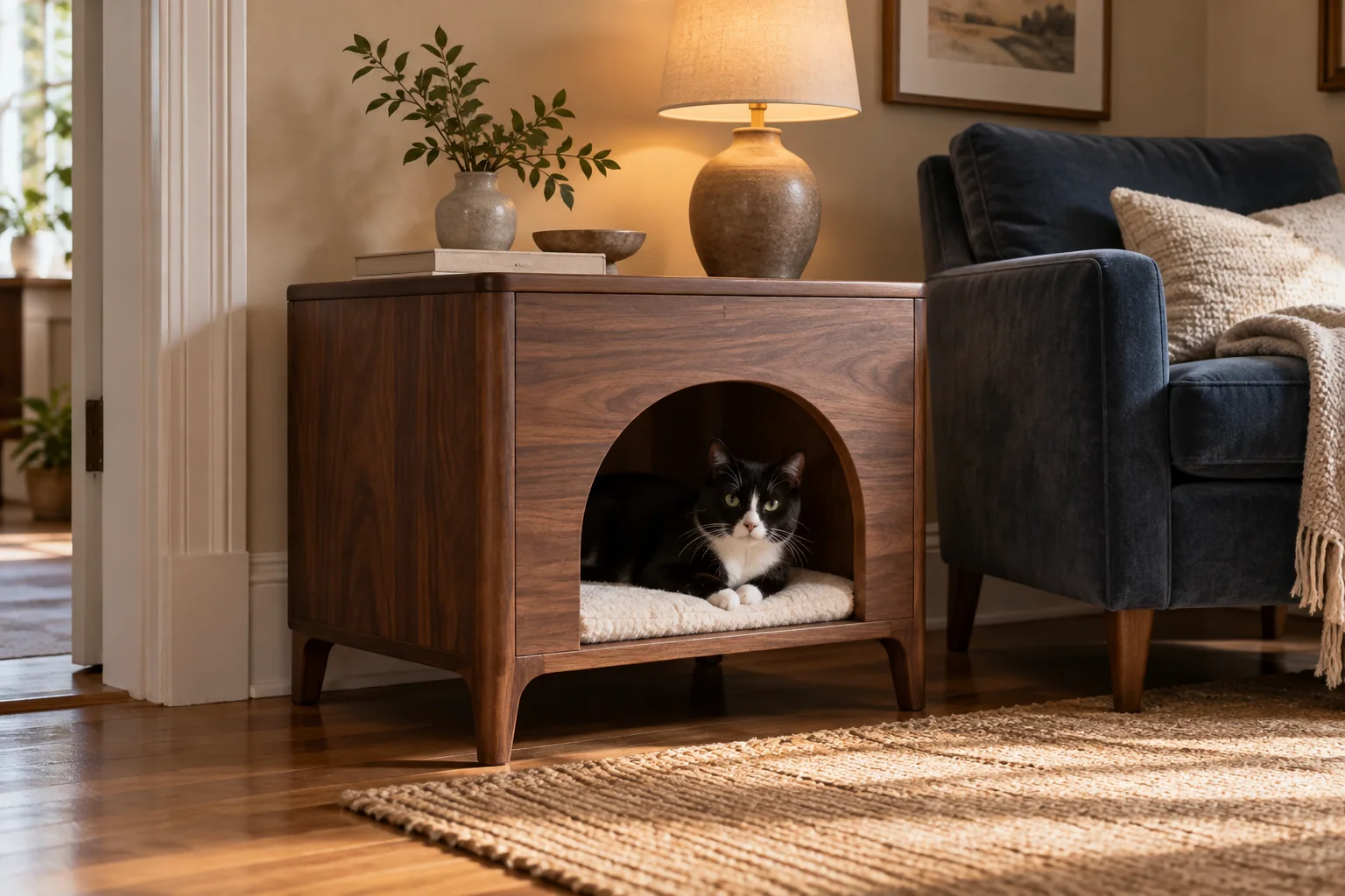 A tuxedo cat rests inside an arched walnut side table beside a reading chair.