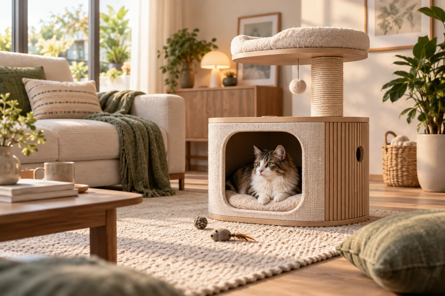 A cat rests in a wooden indoor refuge with a scratching post and upper perch.