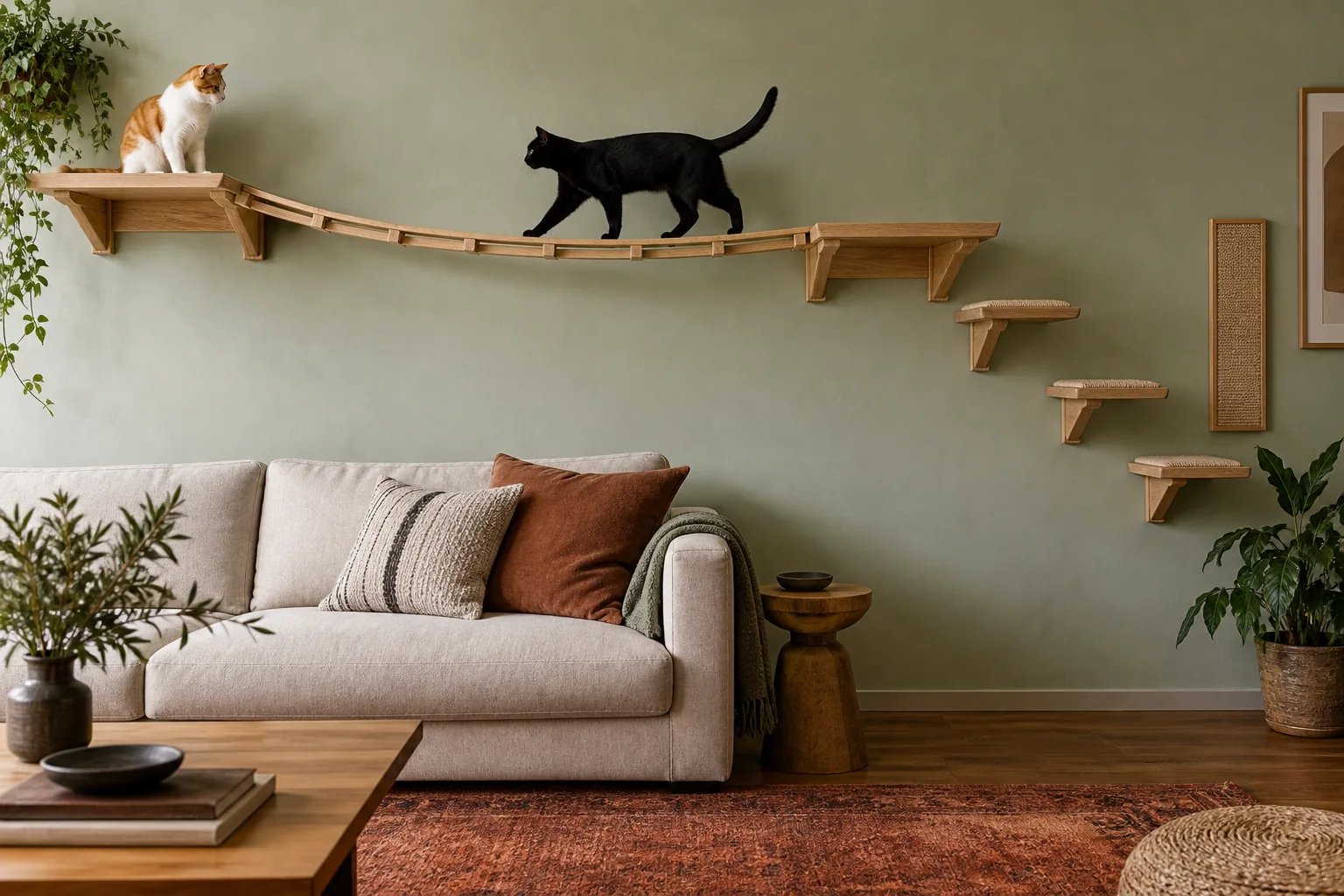 Two cats explore a sequence of broad wooden platforms in a sage-green room.