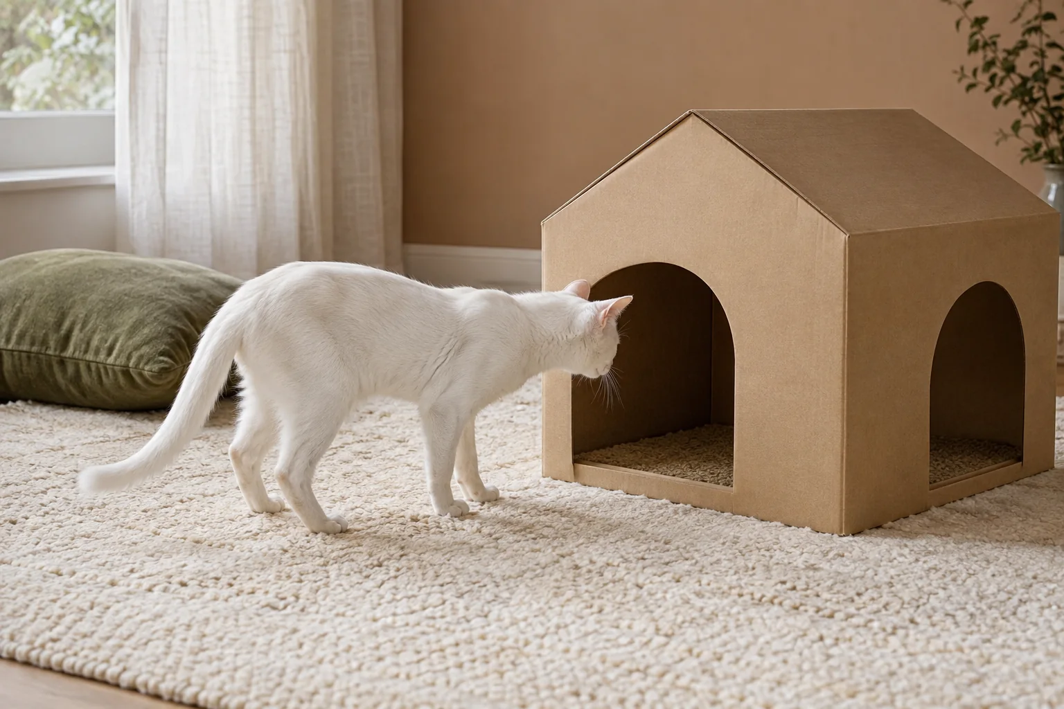A white cat voluntarily investigates a cardboard refuge with two openings.