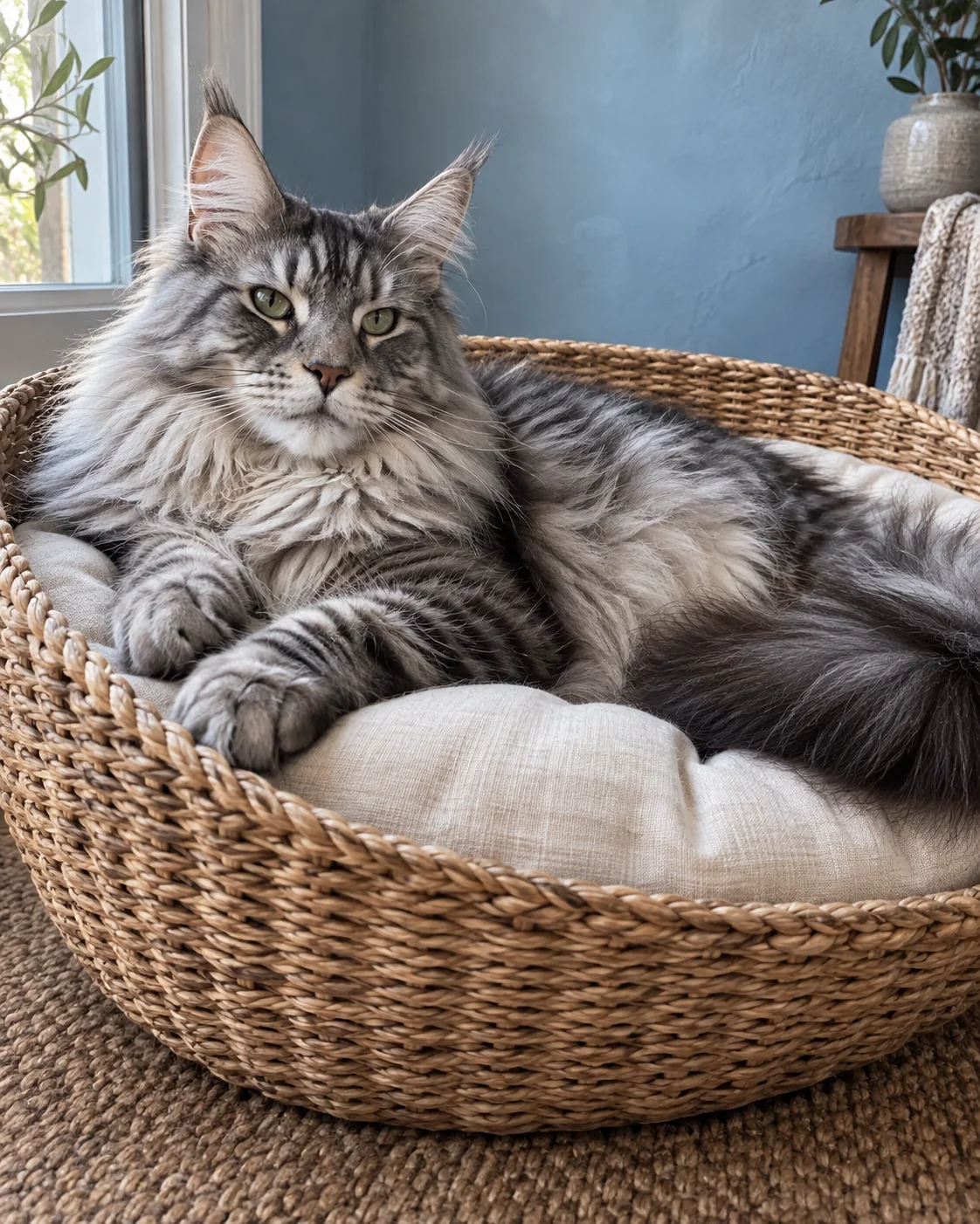 A large silver tabby reclines in a wide open woven basket.